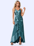 Nyla A-line V-Neck Asymmetrical Stretch Satin Bridesmaid Dress With Ruffle STIP0022584