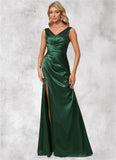 Heather A-line V-Neck Floor-Length Stretch Satin Bridesmaid Dress STIP0022590