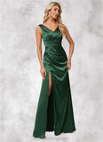 Heather A-line V-Neck Floor-Length Stretch Satin Bridesmaid Dress STIP0022590