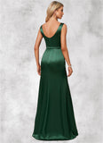 Heather A-line V-Neck Floor-Length Stretch Satin Bridesmaid Dress STIP0022590