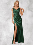 Heather A-line V-Neck Floor-Length Stretch Satin Bridesmaid Dress STIP0022590