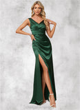 Heather A-line V-Neck Floor-Length Stretch Satin Bridesmaid Dress STIP0022590