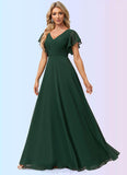 Haylie A-line V-Neck Floor-Length Chiffon Bridesmaid Dress With Ruffle STIP0022591