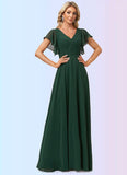 Haylie A-line V-Neck Floor-Length Chiffon Bridesmaid Dress With Ruffle STIP0022591