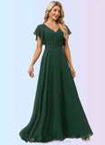 Haylie A-line V-Neck Floor-Length Chiffon Bridesmaid Dress With Ruffle STIP0022591