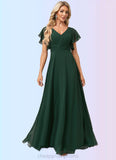 Haylie A-line V-Neck Floor-Length Chiffon Bridesmaid Dress With Ruffle STIP0022591