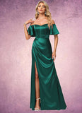 Elaina A-line Off the Shoulder Floor-Length Stretch Satin Bridesmaid Dress STIP0022596