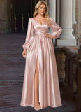 Ada A-line V-Neck Floor-Length Stretch Satin Bridesmaid Dress STIP0022597