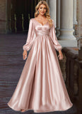 Ada A-line V-Neck Floor-Length Stretch Satin Bridesmaid Dress STIP0022597