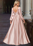 Ada A-line V-Neck Floor-Length Stretch Satin Bridesmaid Dress STIP0022597