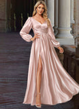 Ada A-line V-Neck Floor-Length Stretch Satin Bridesmaid Dress STIP0022597