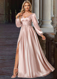 Ada A-line V-Neck Floor-Length Stretch Satin Bridesmaid Dress STIP0022597