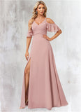 Sahna A-line Cold Shoulder Floor-Length Chiffon Bridesmaid Dress With Ruffle STIP0022599