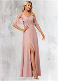 Sahna A-line Cold Shoulder Floor-Length Chiffon Bridesmaid Dress With Ruffle STIP0022599