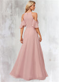 Sahna A-line Cold Shoulder Floor-Length Chiffon Bridesmaid Dress With Ruffle STIP0022599