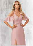 Sahna A-line Cold Shoulder Floor-Length Chiffon Bridesmaid Dress With Ruffle STIP0022599