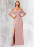 Sahna A-line Cold Shoulder Floor-Length Chiffon Bridesmaid Dress With Ruffle STIP0022599