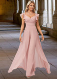 Carlie Jumpsuit/Pantsuit V-Neck Floor-Length Chiffon Bridesmaid Dress With Ruffle STIP0022600