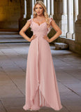 Carlie Jumpsuit/Pantsuit V-Neck Floor-Length Chiffon Bridesmaid Dress With Ruffle STIP0022600