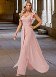 Carlie Jumpsuit/Pantsuit V-Neck Floor-Length Chiffon Bridesmaid Dress With Ruffle STIP0022600