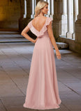 Carlie Jumpsuit/Pantsuit V-Neck Floor-Length Chiffon Bridesmaid Dress With Ruffle STIP0022600