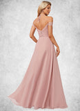 Lola A-line Cold Shoulder Halter Floor-Length Chiffon Lace Bridesmaid Dress STIP0022601