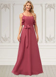 Nyla A-line V-Neck Floor-Length Chiffon Bridesmaid Dress With Ruffle STIP0022604