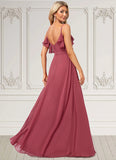 Nyla A-line V-Neck Floor-Length Chiffon Bridesmaid Dress With Ruffle STIP0022604