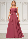 Nyla A-line V-Neck Floor-Length Chiffon Bridesmaid Dress With Ruffle STIP0022604