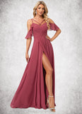 Jamie A-line Cold Shoulder Floor-Length Chiffon Bridesmaid Dress With Ruffle STIP0022605