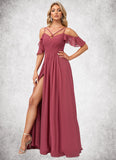 Jamie A-line Cold Shoulder Floor-Length Chiffon Bridesmaid Dress With Ruffle STIP0022605