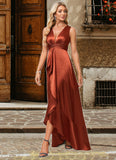 Ariel A-line V-Neck Asymmetrical Stretch Satin Bridesmaid Dress With Ruffle STIP0022606