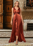 Ariel A-line V-Neck Asymmetrical Stretch Satin Bridesmaid Dress With Ruffle STIP0022606