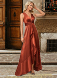 Ariel A-line V-Neck Asymmetrical Stretch Satin Bridesmaid Dress With Ruffle STIP0022606