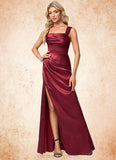 Summer A-line Square Floor-Length Stretch Satin Bridesmaid Dress STIP0022607