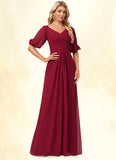 Camila A-line V-Neck Floor-Length Chiffon Bridesmaid Dress STIP0022608