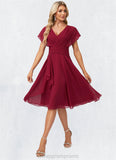 Helena A-line V-Neck Knee-Length Chiffon Bridesmaid Dress With Ruffle STIP0022609