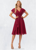 Helena A-line V-Neck Knee-Length Chiffon Bridesmaid Dress With Ruffle STIP0022609