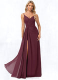 Esmeralda A-line V-Neck Floor-Length Chiffon Bridesmaid Dress With Ruffle STIP0022611