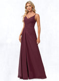 Esmeralda A-line V-Neck Floor-Length Chiffon Bridesmaid Dress With Ruffle STIP0022611