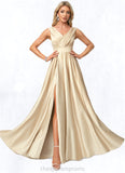 Iris A-line V-Neck Floor-Length Satin Bridesmaid Dress STIP0022612