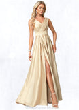 Iris A-line V-Neck Floor-Length Satin Bridesmaid Dress STIP0022612