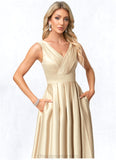 Iris A-line V-Neck Floor-Length Satin Bridesmaid Dress STIP0022612