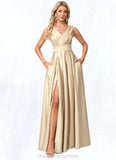 Iris A-line V-Neck Floor-Length Satin Bridesmaid Dress STIP0022612