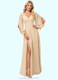 Amani A-line V-Neck Floor-Length Chiffon Bridesmaid Dress With Bow STIP0022613