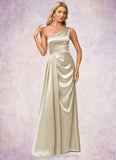 Campbell A-line One Shoulder Floor-Length Stretch Satin Bridesmaid Dress With Ruffle STIP0022614