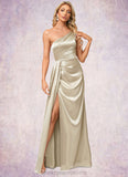 Campbell A-line One Shoulder Floor-Length Stretch Satin Bridesmaid Dress With Ruffle STIP0022614