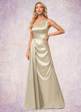 Campbell A-line One Shoulder Floor-Length Stretch Satin Bridesmaid Dress With Ruffle STIP0022614