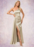 Campbell A-line One Shoulder Floor-Length Stretch Satin Bridesmaid Dress With Ruffle STIP0022614