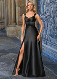 Taniya A-line V-Neck Floor-Length Stretch Satin Bridesmaid Dress With Bow STIP0022615